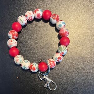 Red and Floral Beaded Keychain Bracelet